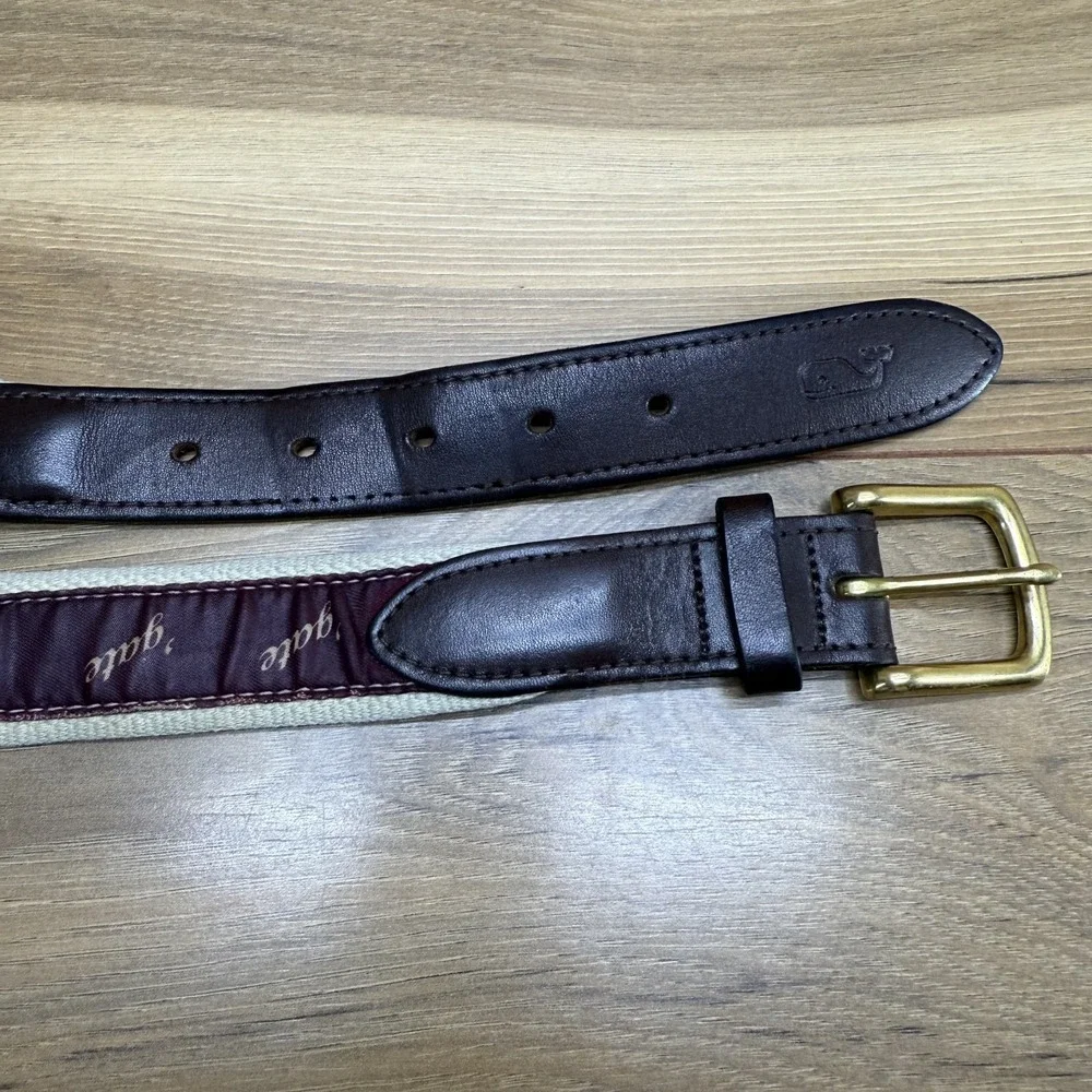 Vineyard Vines Mens 32 'gate‎ Belt Burgundy Brown Leather Trim